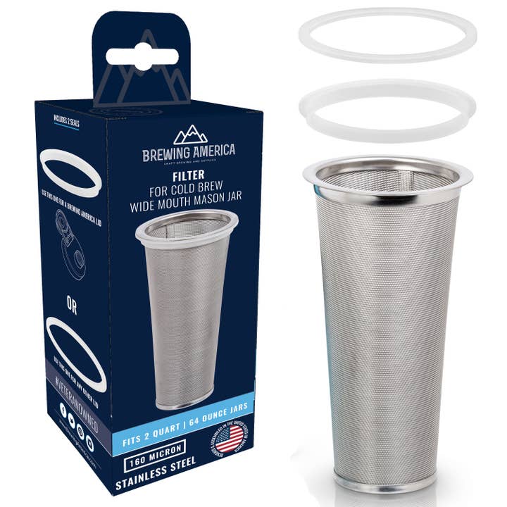 Brewing America - Wholesale Coffee Filter - Cold Brew Filter for Mason Jar Wide Mouth Coffee Maker, Stainless Steel (2 Quart / 64 Ounces)