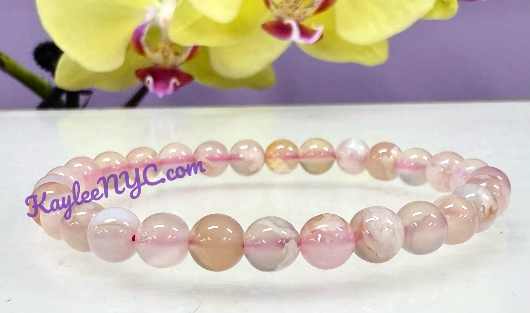 KayleeNYC - Wholesale Beaded Bracelet - Natural Flower Agate 6mm 7.5” Crystal Stretch Bracelet5