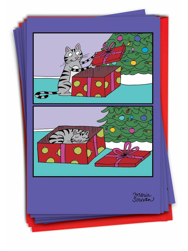 Box of 12 Christmas Card - Cat Present for wholesale by NobleWorks