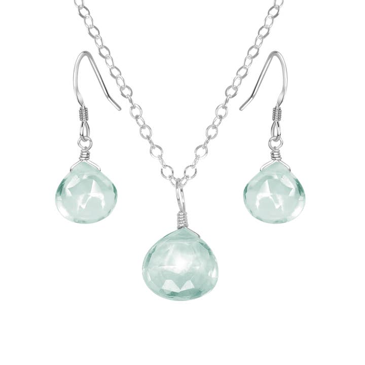 Ensemble de boucles d'oreilles et collier goutte d'eau aigue-marine pour la vente par Luna Tide