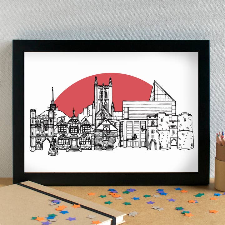 Impression artistique des monuments de Canterbury Skyline, sans cadre pour la vente par Becka Griffin Illustration