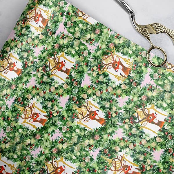 Reindeer Wreath Pagoda Gift Wrap (Pink) for wholesale by Loralee Lewis