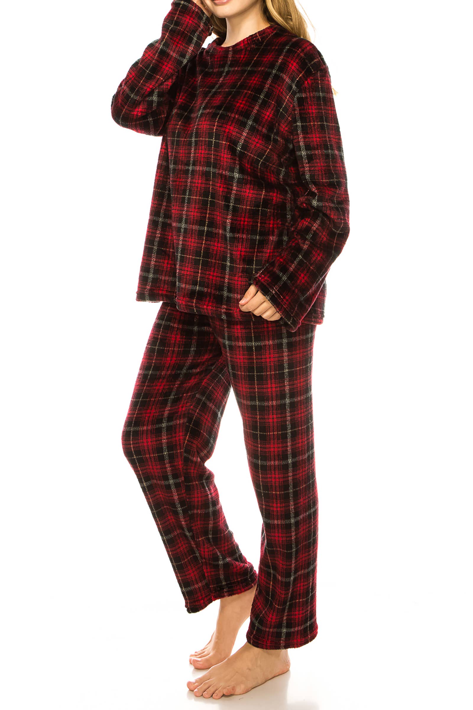Red Black Clan Wallace Plaid Microfleece Lounge Pajama Sets for wholesale on Faire2