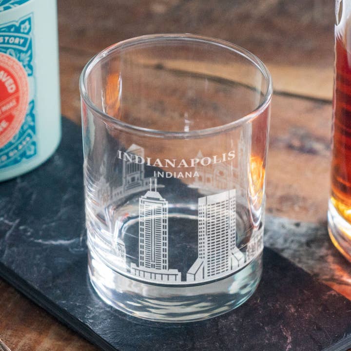 Indianapolis, Indiana City Skyline Engraved Glasses for wholesale by Benoit's Design Co.