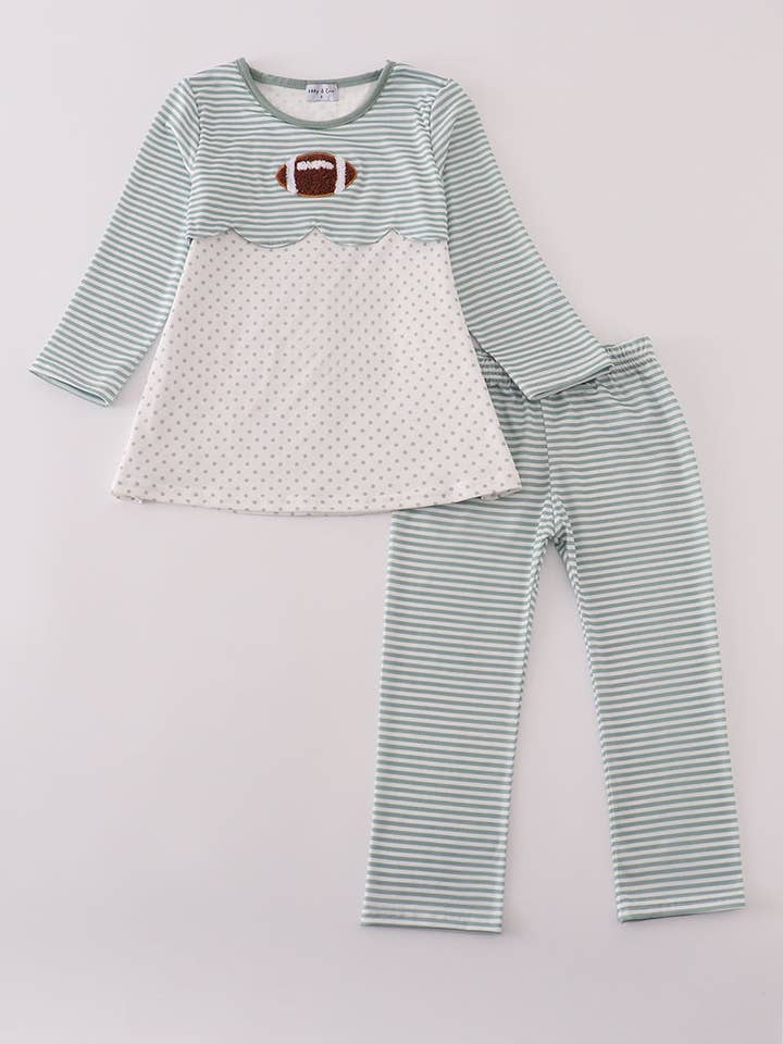 Conjunto de calças com riscas sábias e nó francês de futebol. por atacado de Mom & Co.