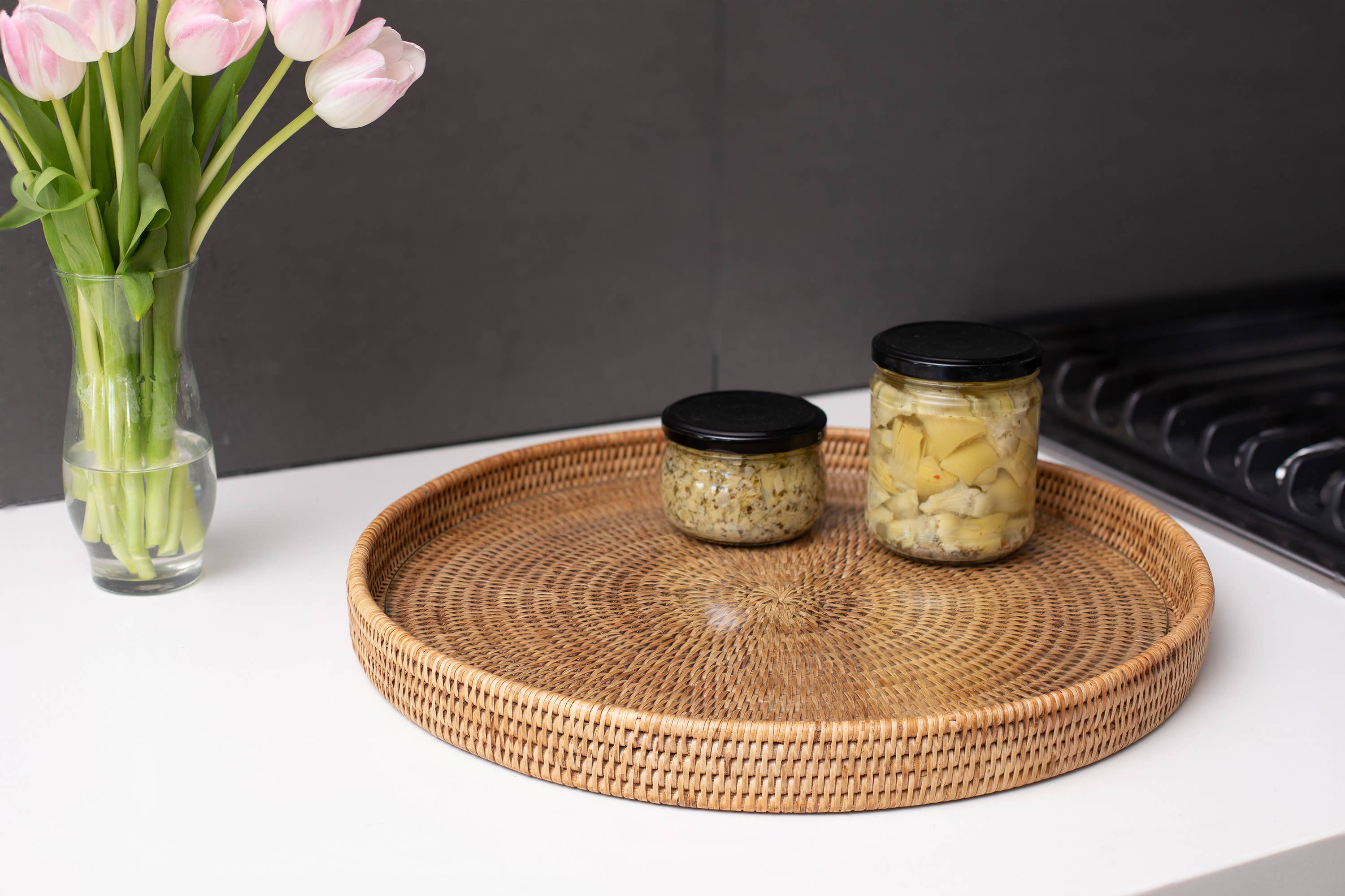Artifacts Trading Company - Wholesale Serving Tray - Rattan Round Serving-Ottoman Tray with Glass Insert1