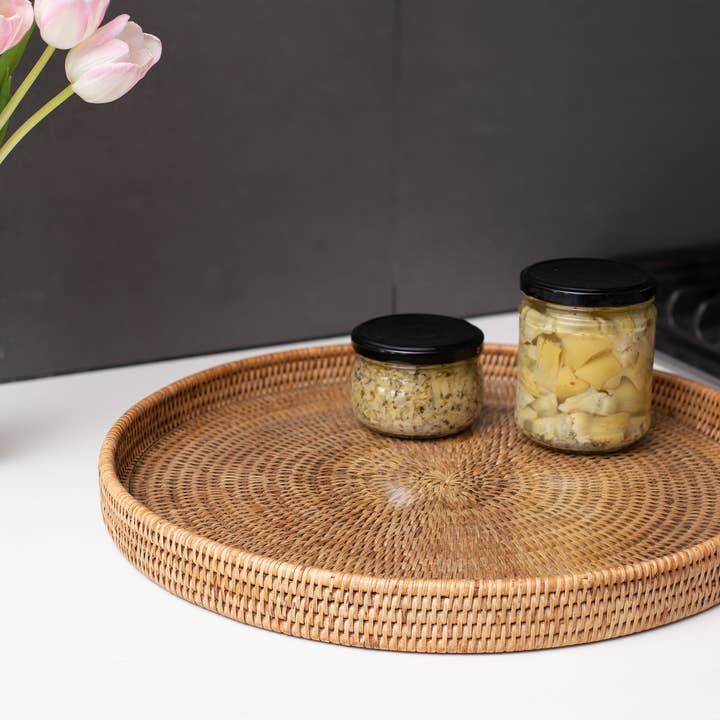 Artifacts Trading Company - Wholesale Serving Tray - Rattan Round Serving-Ottoman Tray with Glass Insert1