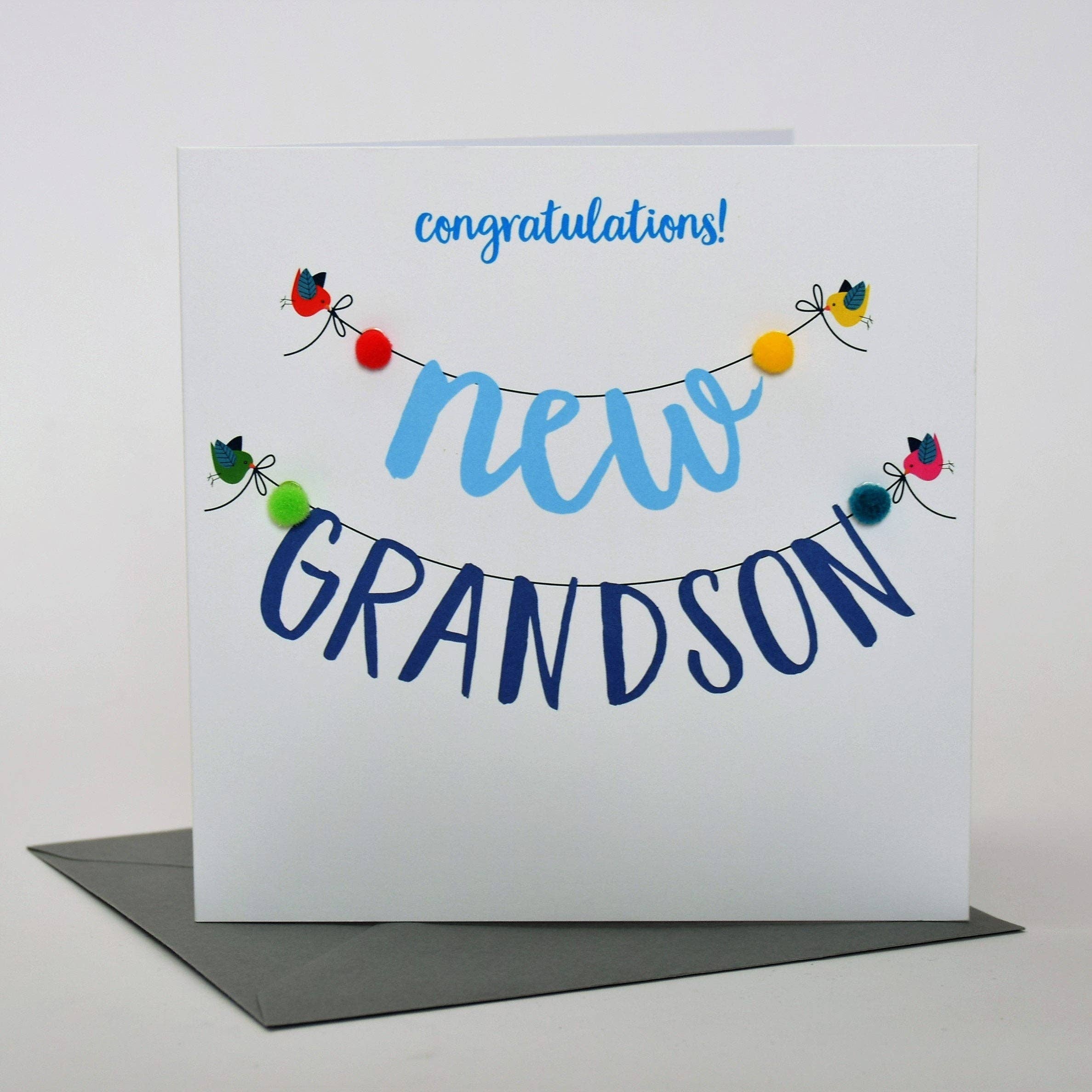 Claire Giles Ltd - Wholesale Baby Card - Baby Card, Banner, Congratulations! New Grandson, Embellished with pompoms1