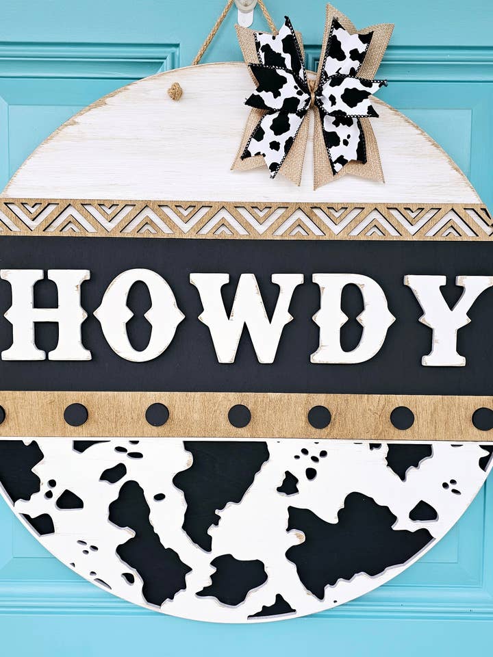 DIY Howdy Aztec Cow Print Door Hanger for wholesale by Teal Moon Creations