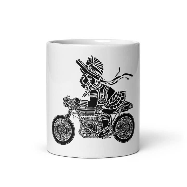 Tasse à café Mayan Warrior Riding Their Cafe Racer pour la vente par Bellavance Ink