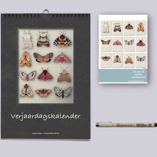 Calendrier d’anniversaires Papillons de nuit, 12 cartes de vœux, stylo Pigma Graphic pour la vente par Studio Angelart