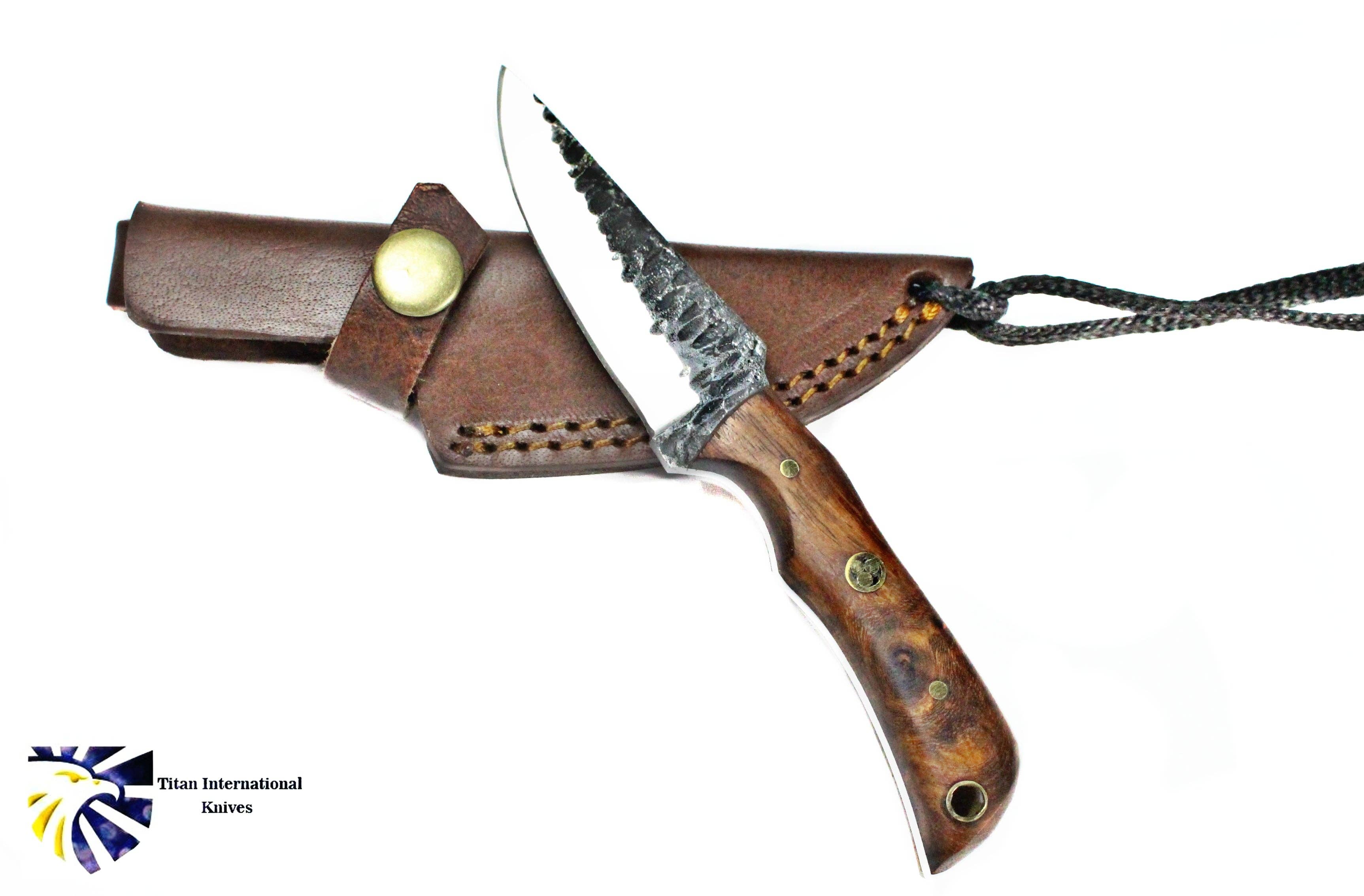 Titan International - Wholesale Pocket Knife/Holder - E3 Carbon 1080 neck knife with forged scales, MINI /ROSEWOOD4