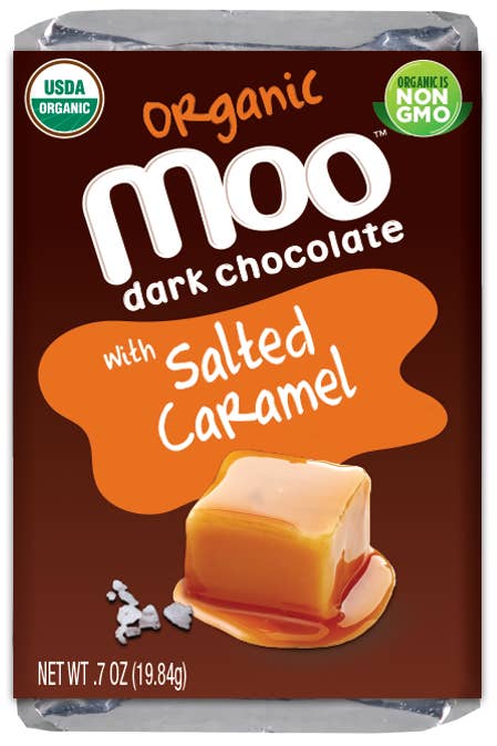 MOO Organic Chocolates - Wholesale Chocolate Bar - Organic Dark Chocolate Salted Caramel Mini Bars, 0.7 oz
