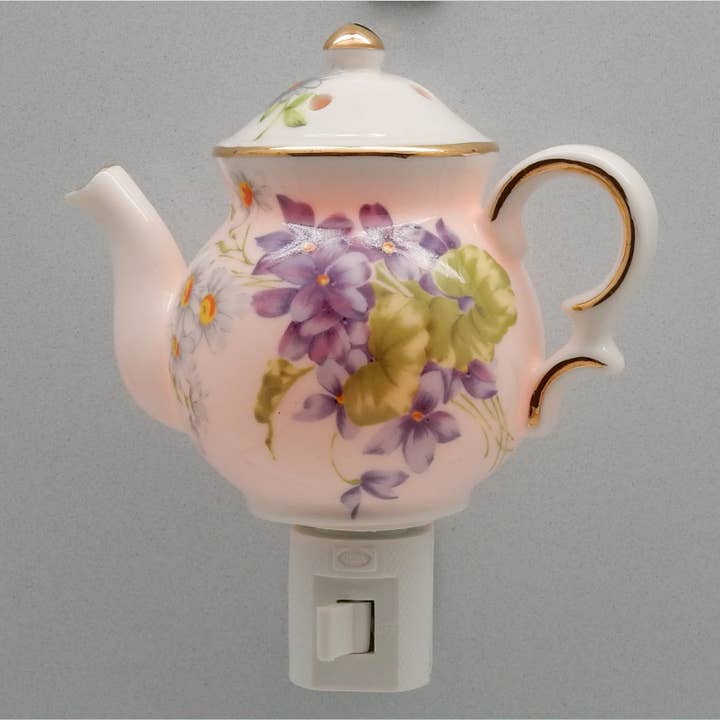Night Light - Violet Floral Porcelain Teapot for wholesale by Green Pastures Wholesale