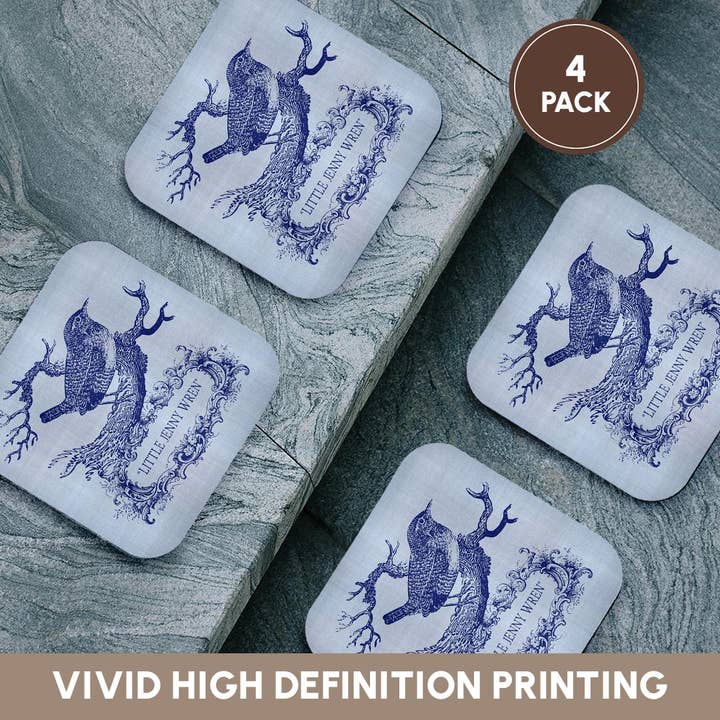 3dRose - Wholesale Coasters - 3dRose, Little Jenny Wren- pretty little bird and cartouche in blue, Coaster12