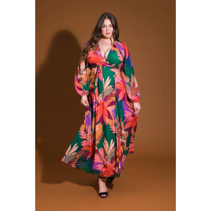 GREEN PLUS PRINTED WOVEN SURPLICE NECKLINE MAXI DRESS for wholesale on Faire1