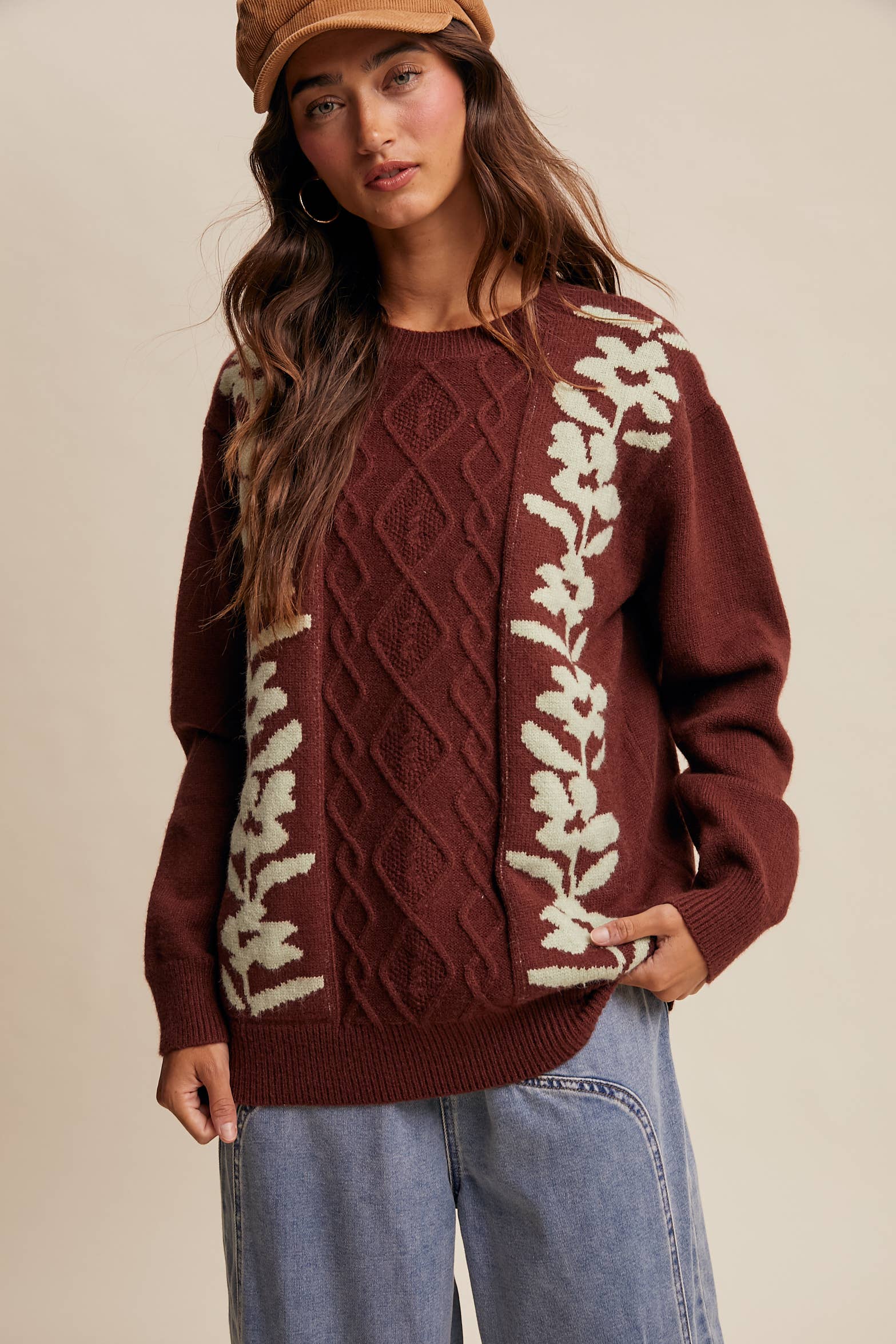 Listicle - Wholesale Knit Sweater - Women's - Floral Panel Cable Knit Sweater (LSW0880)37