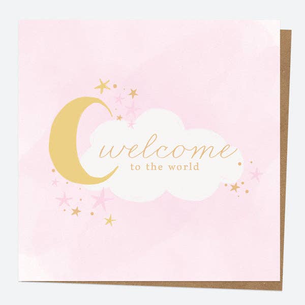 Luxury Foil New Baby Card - Moon & Clouds - Pink for wholesale by Dotty About Paper