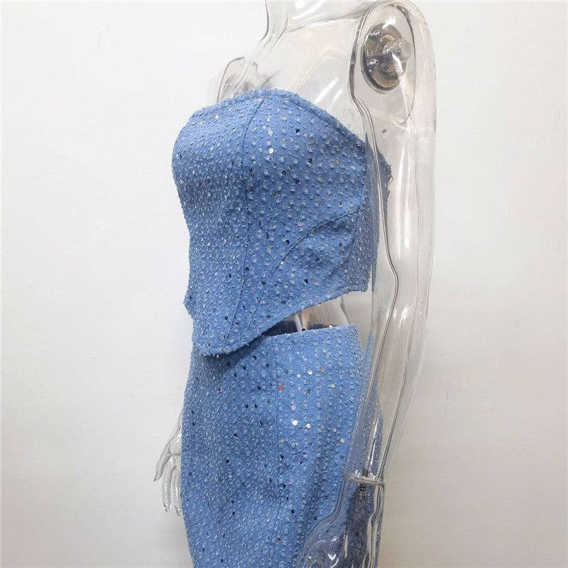 FurDecoration - Wholesale Top & Skirt Set - Women's - Fashionable Denim Ripped Sequin Mini Skirt Bandeau Set7