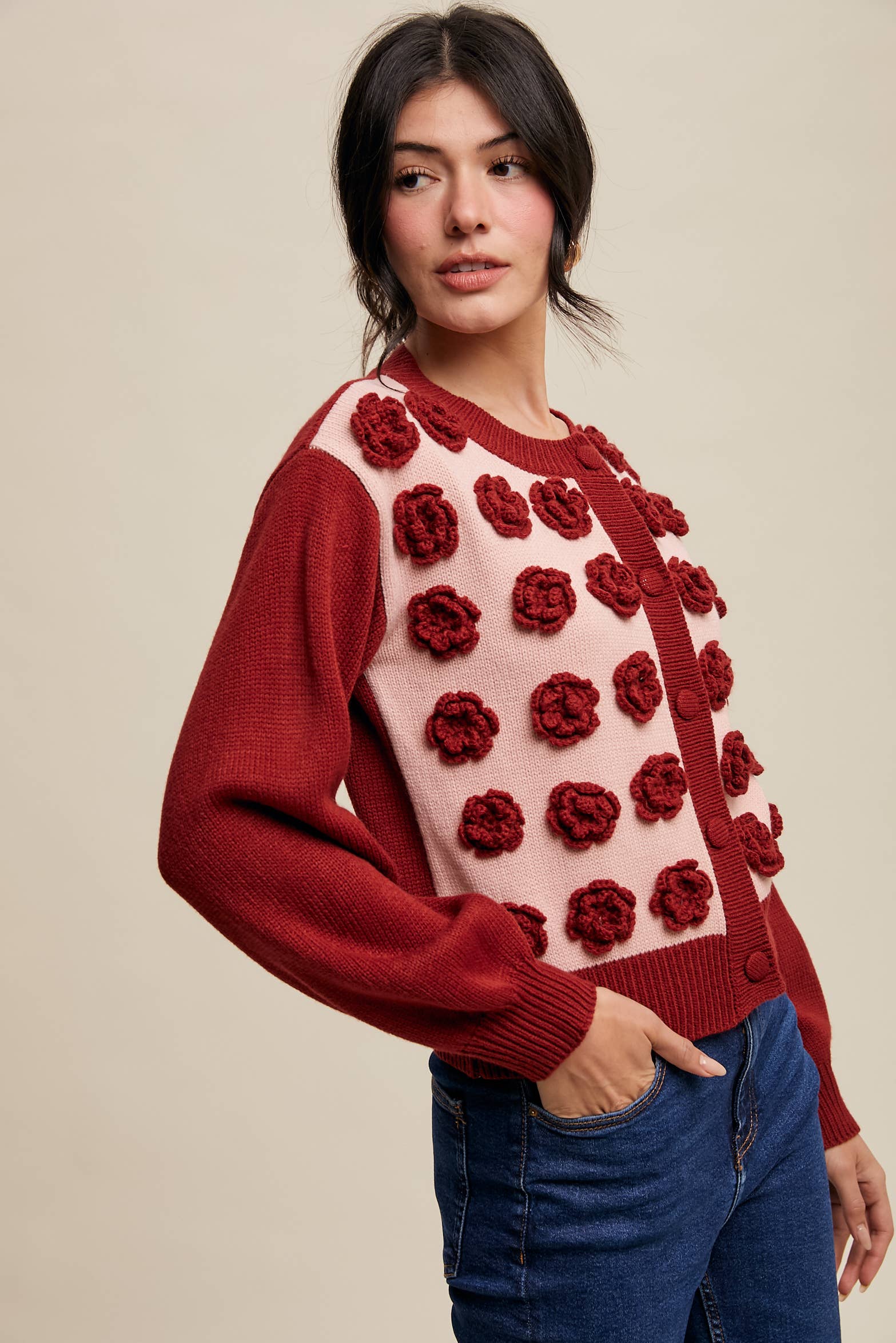 Listicle - Wholesale Cardigan - Women's - Handmade Rose Applique Knit Cardigan4