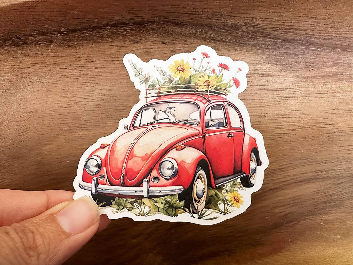 Missional Merch - Vente Autocollant - VW Beetle avec fleurs | Joli autocollant | Autocollant Hippie Happy