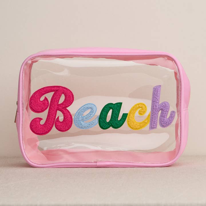 Clear Travel Pouch with Colorful Chenille Word Patch for wholesale by Frem