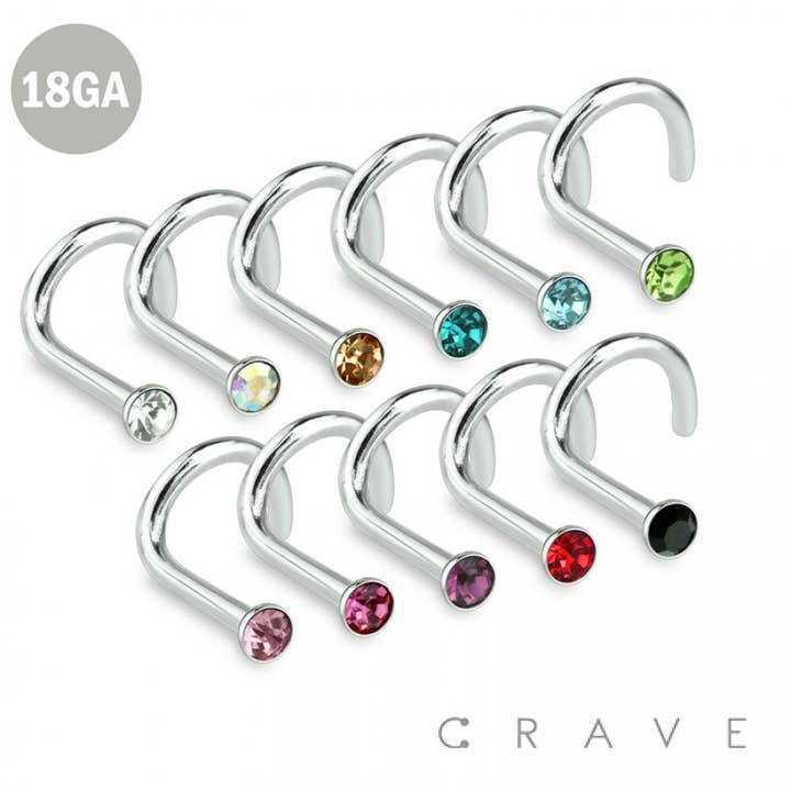 CRAVE - Wholesale Nose Ring - 316L SURGICAL STEEL 18GA NOSE SCREW FISH HOOK WITH GEM11