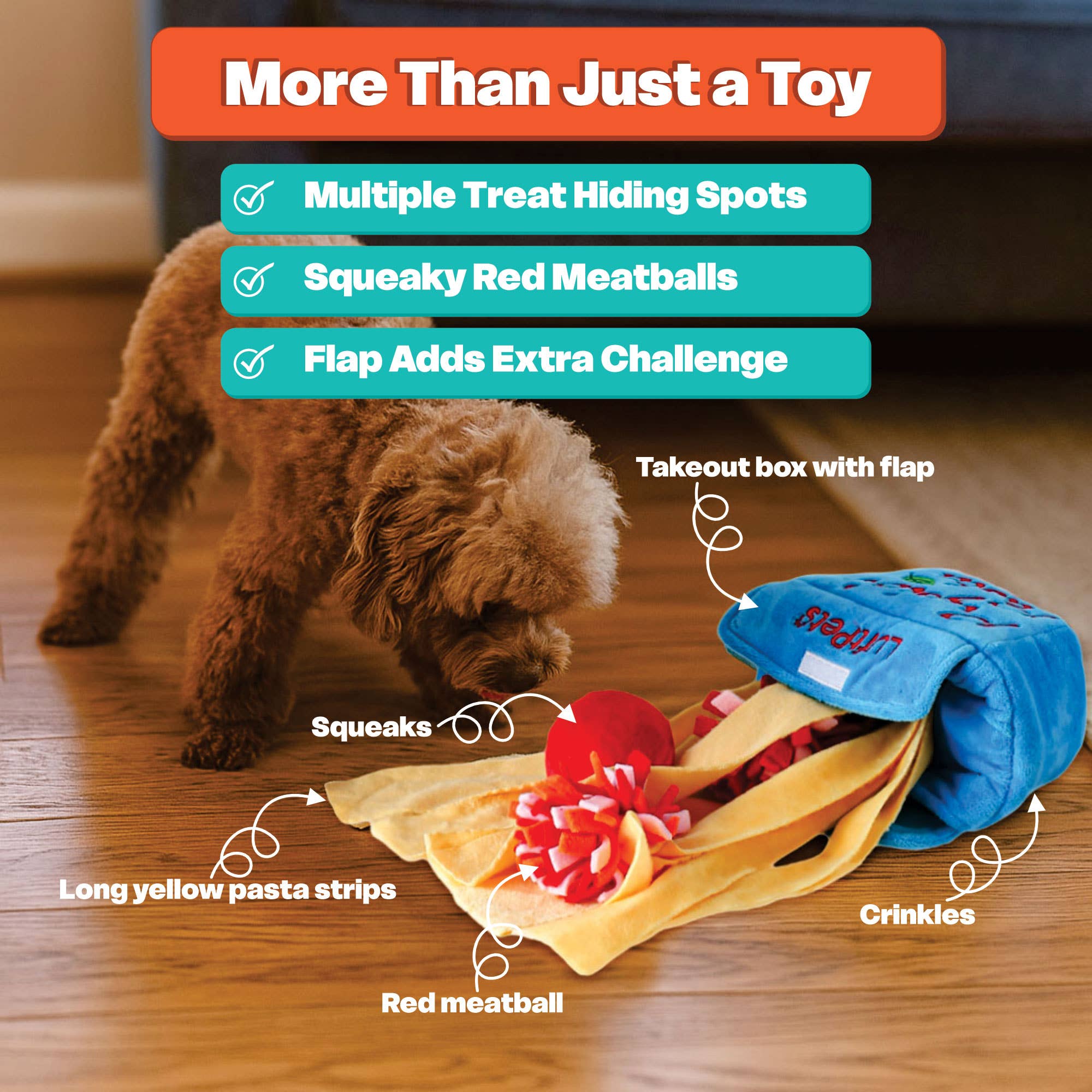 LUFTPETS - Wholesale Pet Plush Toy - Dog - Pasta Snuffle Toy for Dogs – Crinkly & Squeaky Enrichment 6