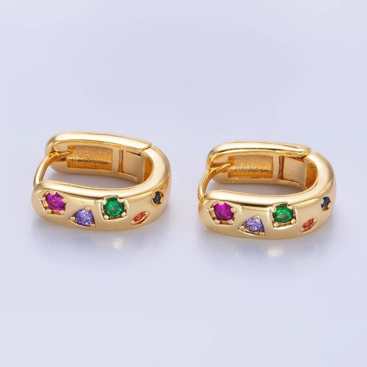 Aim Eternal – wholesale Huggie earrings – 24K Gold Filled Multicolor CZ U-Shaped Huggie Earrings | AB0020