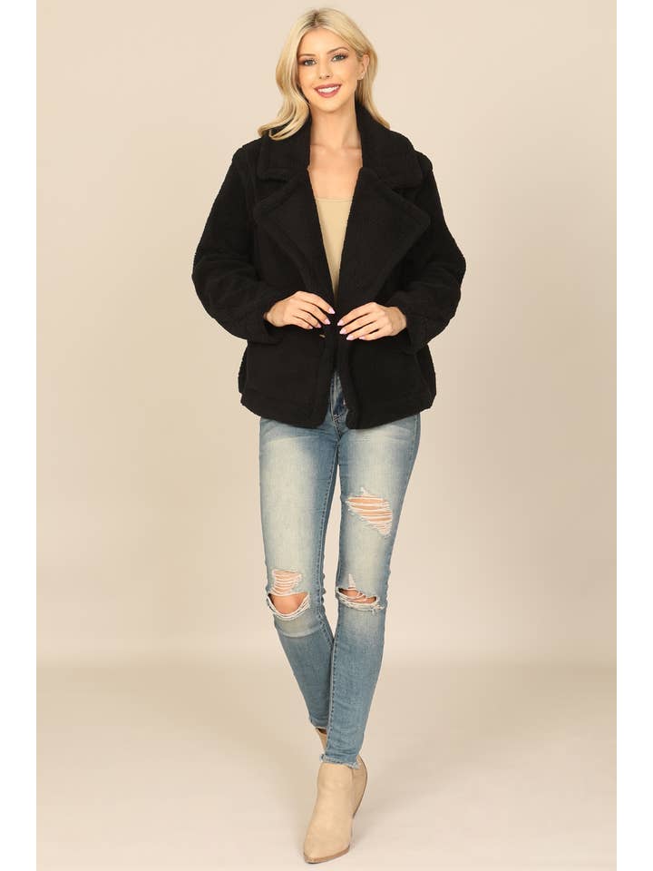 Black Collared Side Pocket Fleece Jacket for wholesale on Faire3