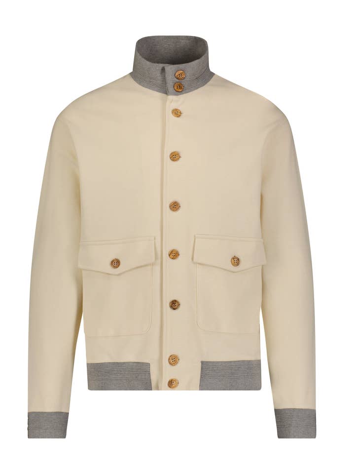 Ivory with Melange Grey Buttoned Bomber Jacket for wholesale by Luchiano Visconti