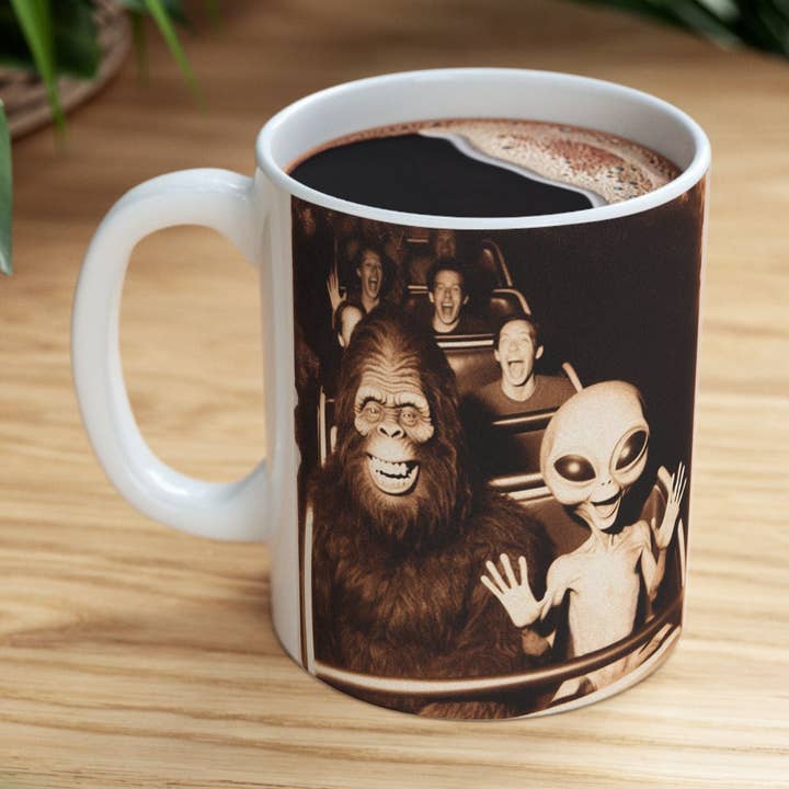 Funny Roller Coaster Bigfoot Alien Novelty Coffee Mug 11oz for wholesale by Midnight Myth