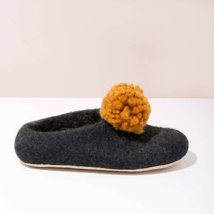 MULXIPLY - Venta al por mayor Zapatillas para casa - Mujer - Zapatillas de Fieltro con Pompones en Gris Oscuro y Dorado Talla Pequeña
