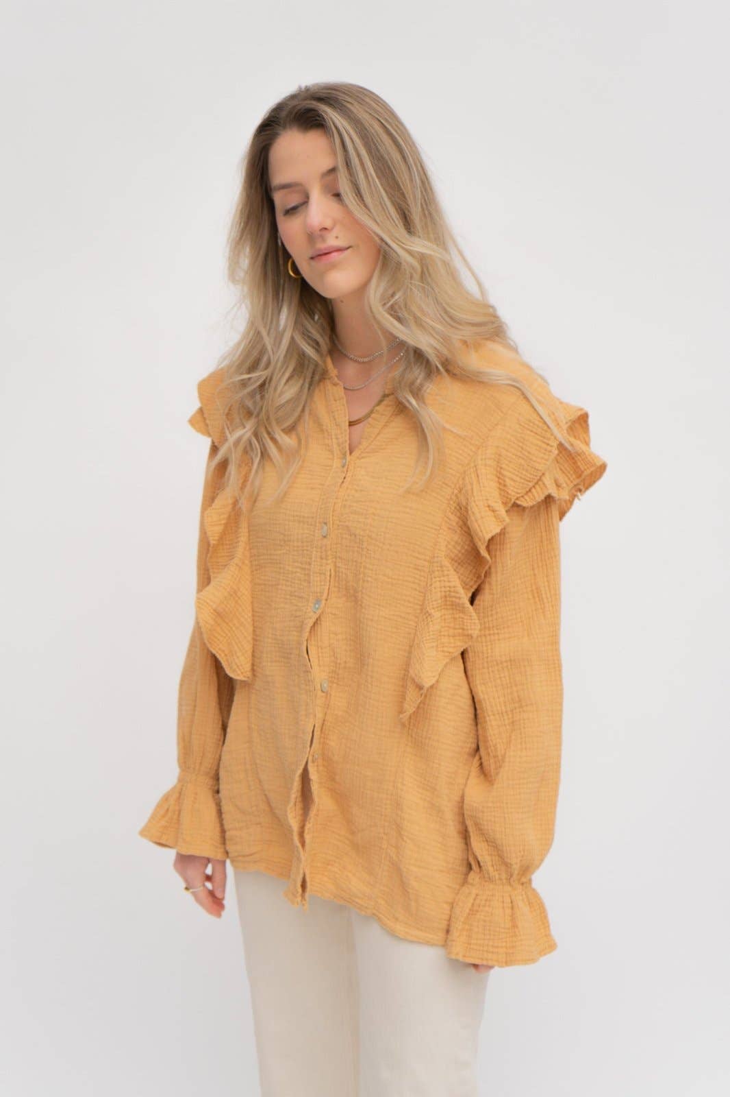 Wild Daisy - Wholesale Button Down Shirt - Women's - WILD BONNIE oversized muslin shirt in caramel2