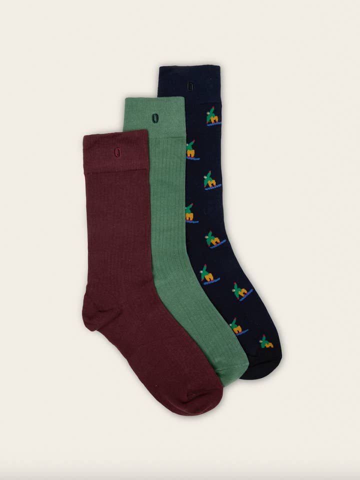 ODAJE - Wholesale Socks - Men's - 3-Pack Socks - Navy Green Burgundy Snowboarder1