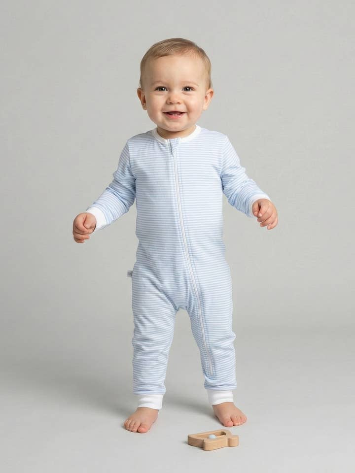 Rayas Azul Claro Pima Peleles de Bebé Dormir y Jugar para venta al por mayor de Little Blue Swallow