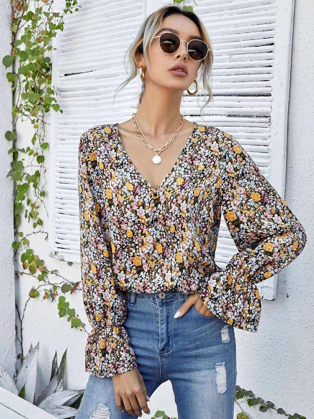 Miss Sparkling – Engroshandel Bluse - Dame – Langærmet blomstret top0