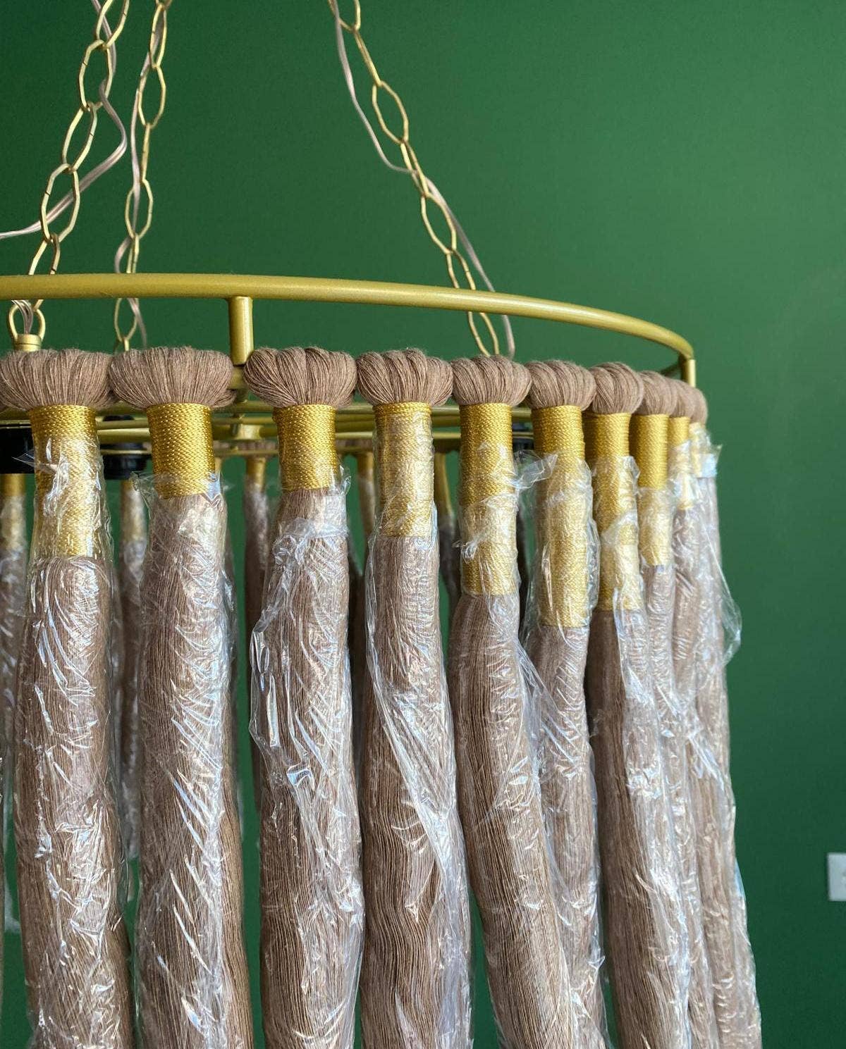 Joy's Arts - Wholesale Chandelier/Hanging Light - Boho Cotton Fringe Chandelier - Macrame Pendant Light, Nursery & Living Room Ceiling Lamp, Gold Accents8