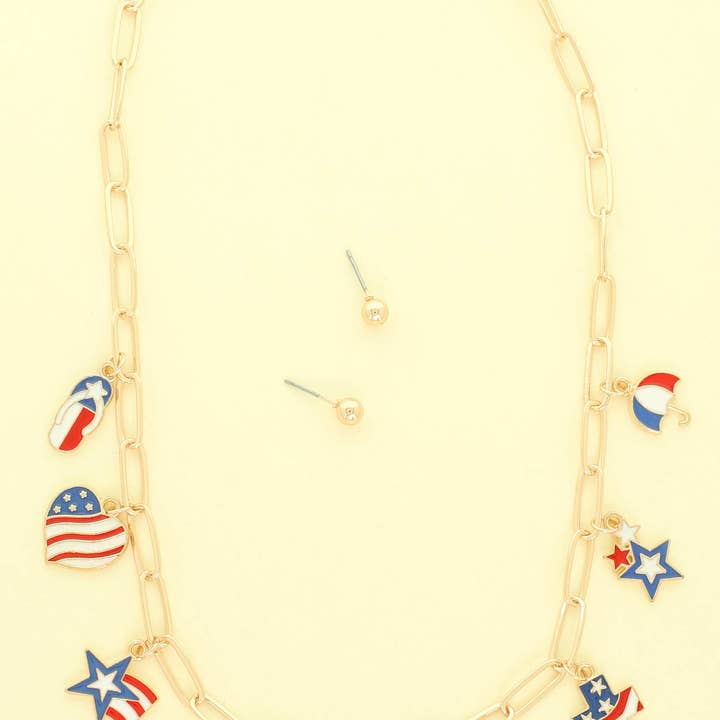 SP Sophia Collection - Wholesale Jewelry Set - Americana Flag Theme Charm Necklace & Earring Set