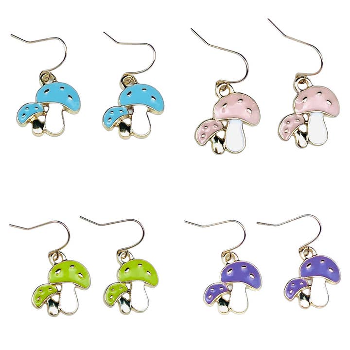 Enamel Mushroom Dangle Fishhook Earrings Artisan Handmade for wholesale by Broken Record Boutique