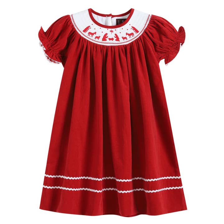 Lil Cactus - Wholesale Dress - Kids - Red Velvet Christmas Nativity Smocked Bishop Dress