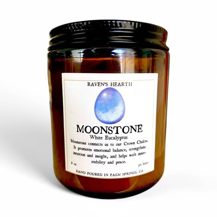 Moonstone Crystal Candle | White Eucalyptus Scent | Vegan for wholesale by Raven’s Hearth