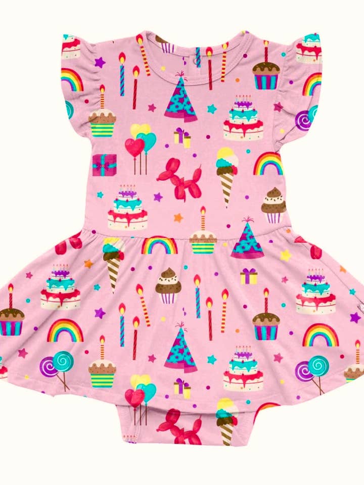 Bamboo Pink Birthday Bodysuit Twirl Dress Baby Toddler Girls for wholesale by Popoki Pajamas