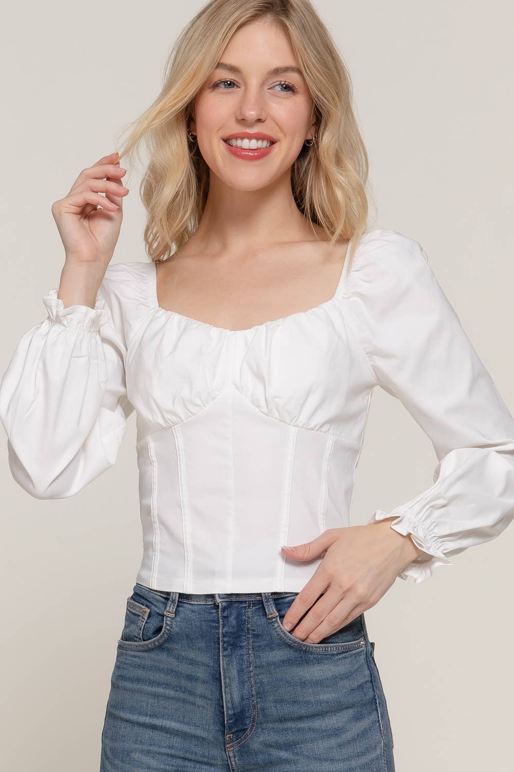 Active Basic | Active USA - Vendita all'ingrosso Camicetta - Donna - Top a bustino elasticizzato con scollo a cuore a maniche lunghe9