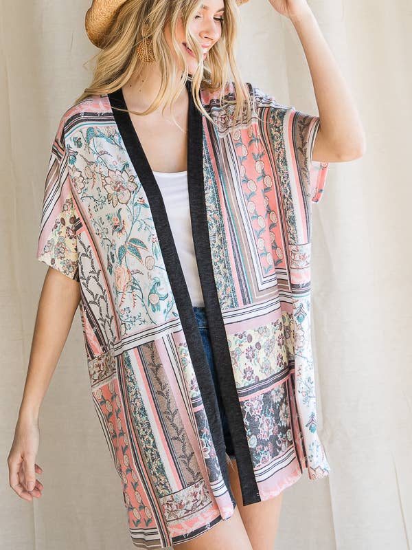 Kimono Cardigan Leve com Padrão Floral Patchwork T3959 por atacado de 7th Ray
