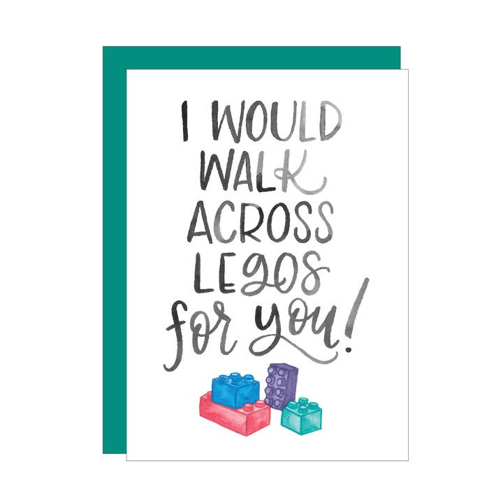 Legos greeting card for wholesale by Katie Elizabeth Lettering