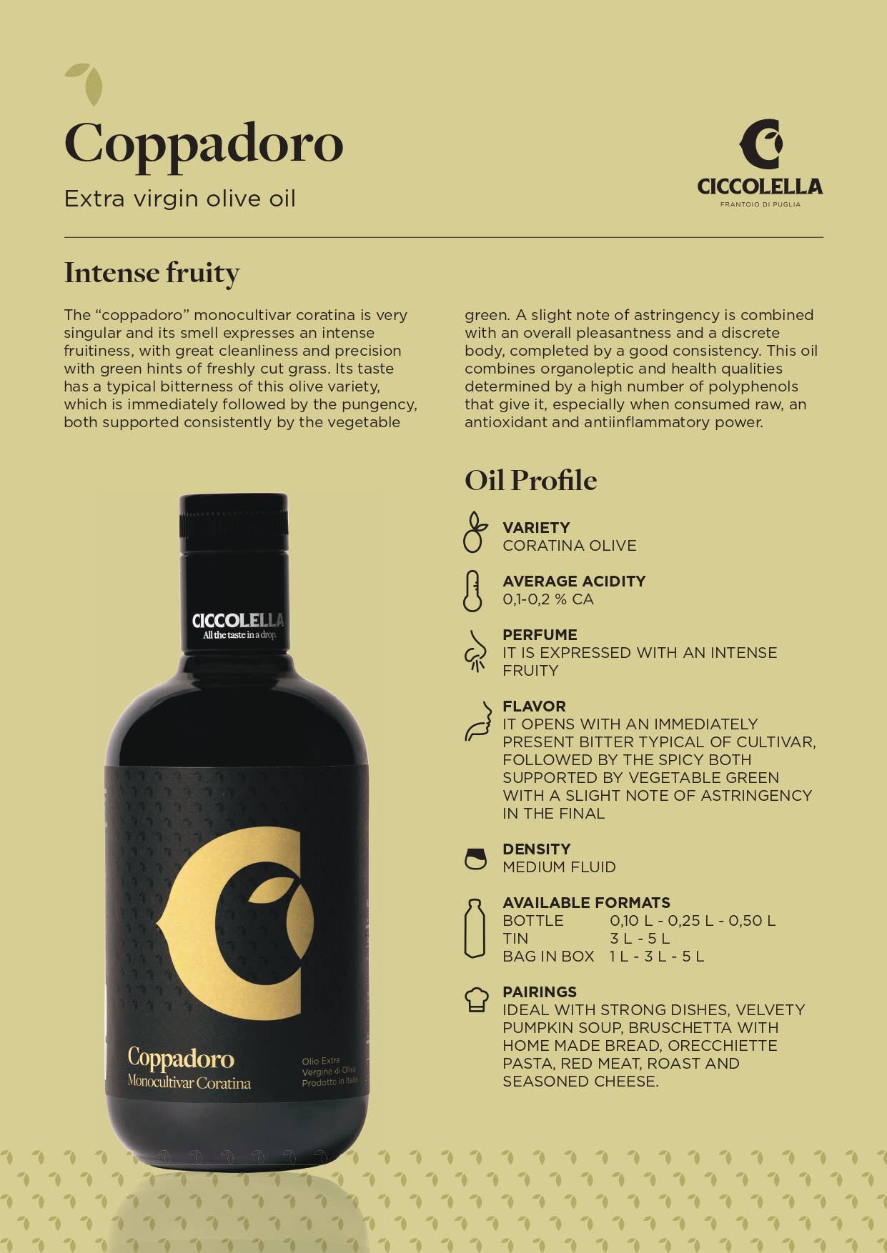 Olio Ciccolella - Vente Huile d'olive - HUILE D'OLIVE EXTRA VIERGE COPPADORO 500ML1