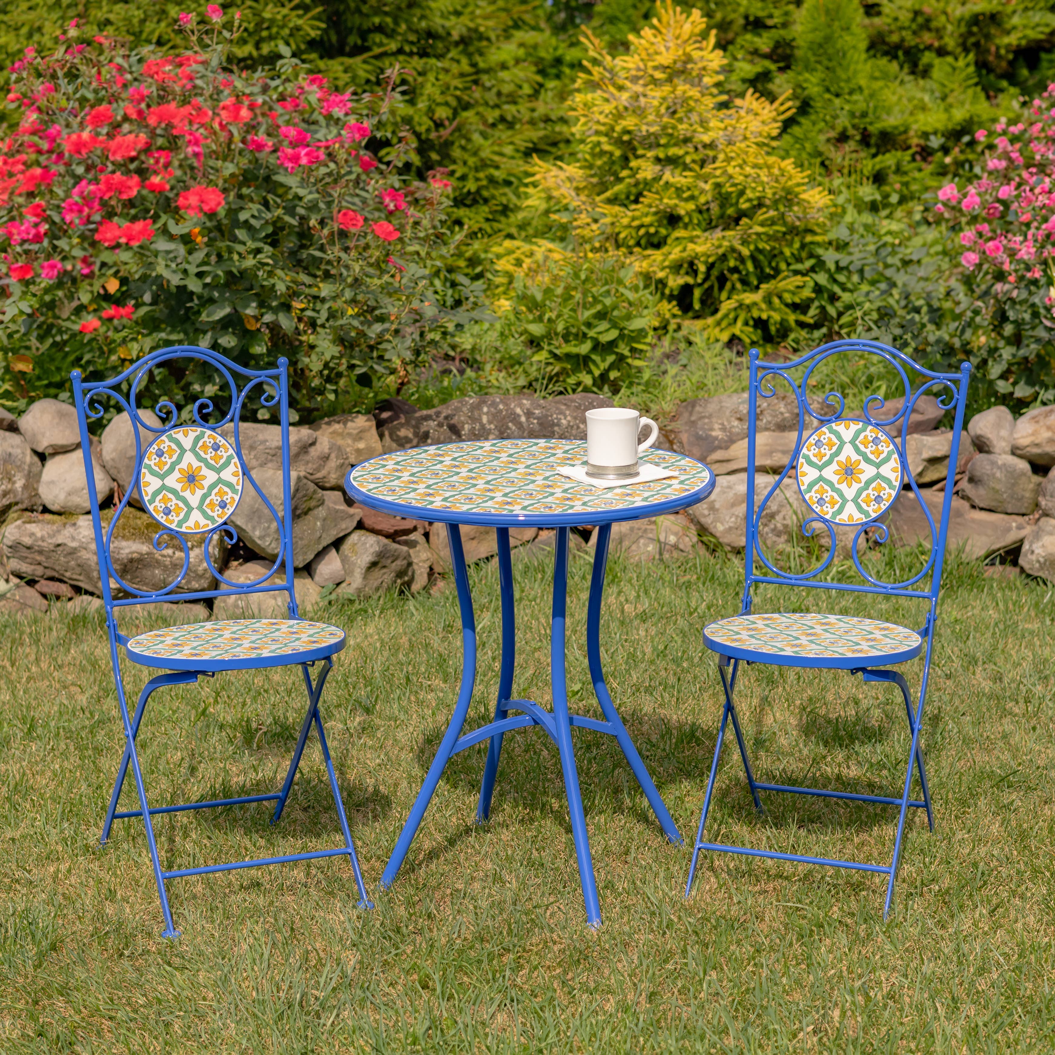 Zaer Ltd. International - Wholesale Patio Set - "Nantucket" Mosaic Bistro Set - 3PC/Set - White/Yellow/Blue3
