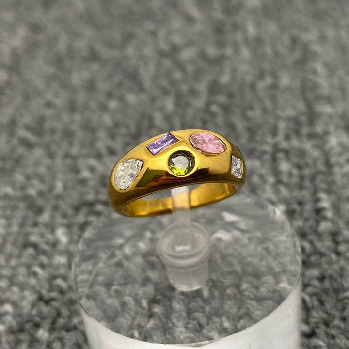 Mio Queena - Wholesale Multi-Stone Ring - Colorful Zircon 18K Gold Plated Stainless Steel Ring - FGS