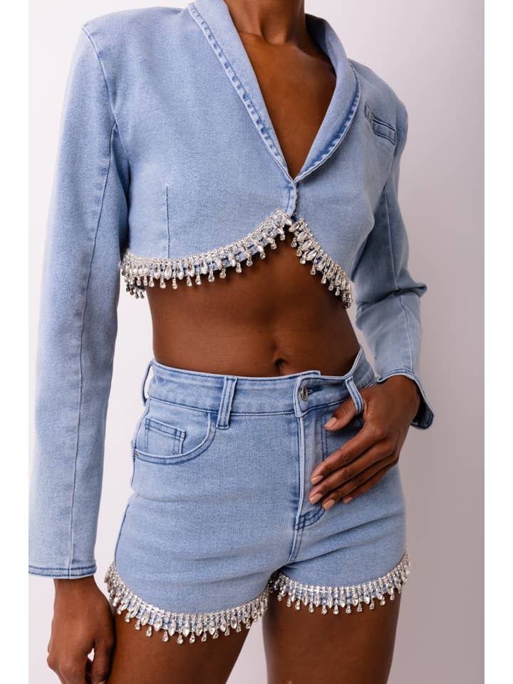 Blau Bae Stretch-Jeansshorts mit Strassverzierung für den Großhandel auf Faire